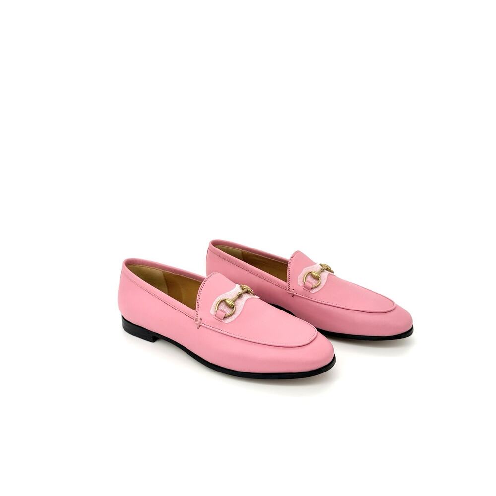 NIB Gucci Jordaan EU 37 US 7 Butterfly Pink Leather Gold Horsebit Flat Loafer